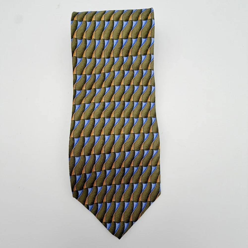 Jos. A. Bank Corporate Collection Silk Tie Olive‎ Green Blue Geometric Wave Mens